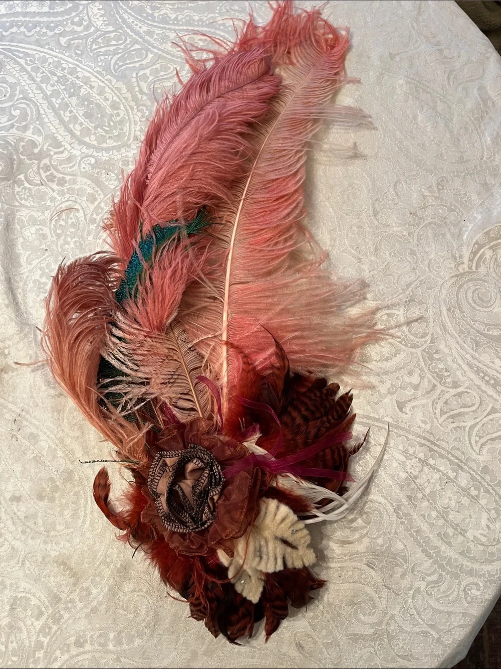 Dragon Wings Feather Fascinator in Coral and Burgundy - Women Hats with Barette